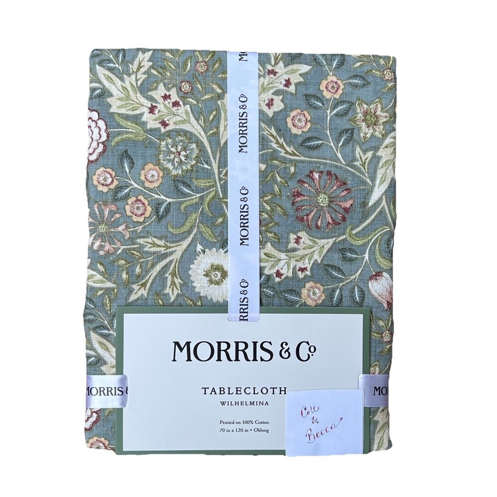 MORRIS & Co WILHELMINA Tablecloth 70 X 120 in GREEN Floral Printed 100% Cotton